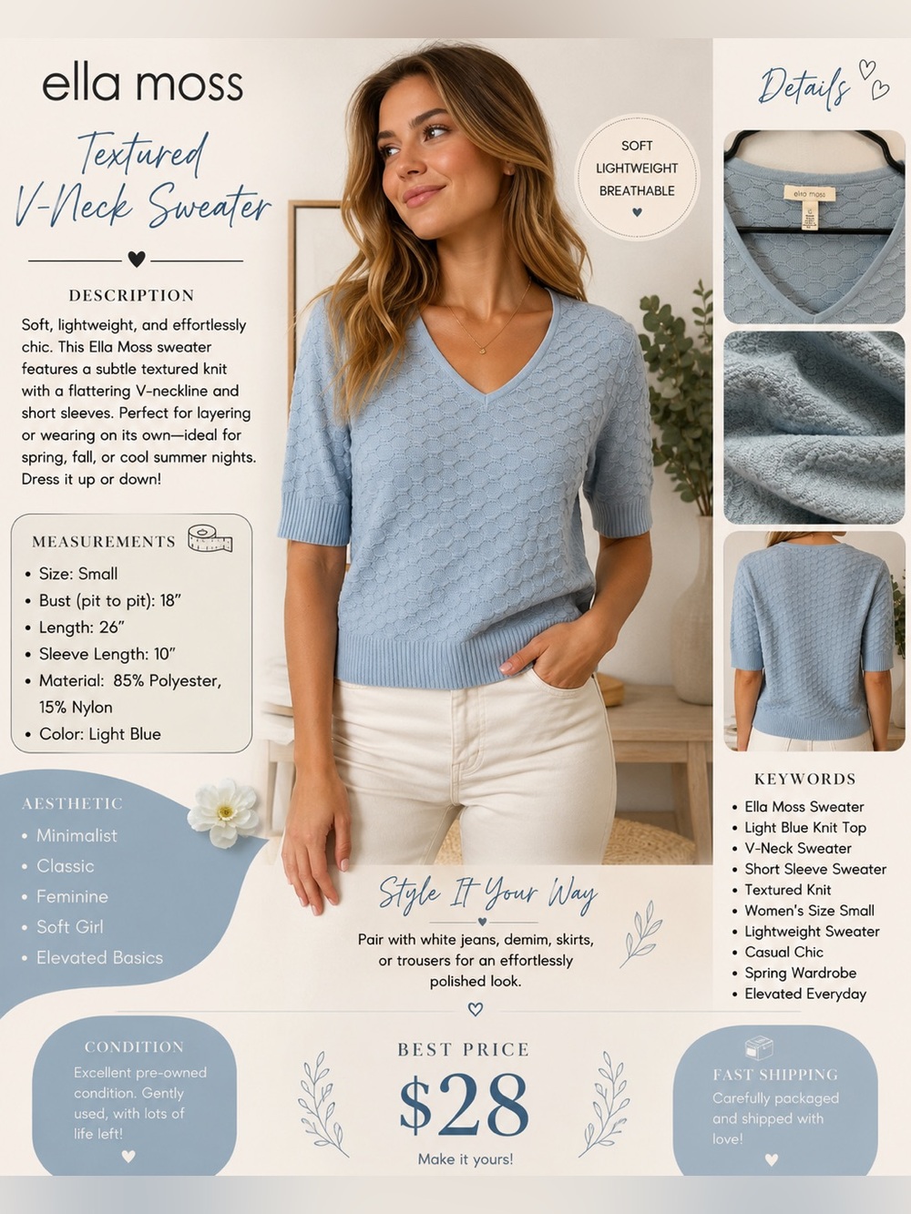 Ella Moss Light Blue Textured V-Neck Sweater